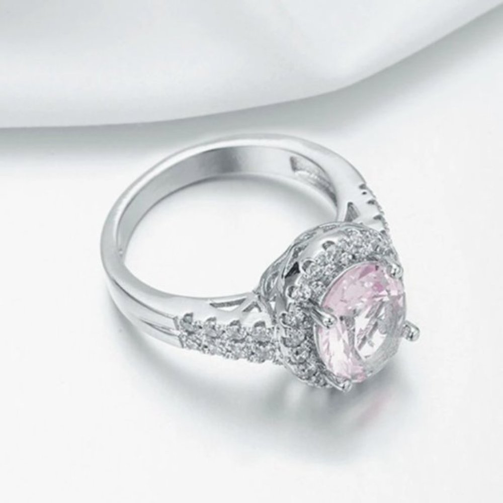 925 Sterling Silver Luxury Pink Crystal Shiny Rhinestone Ring Jewelry En… - Picture 3 of 5